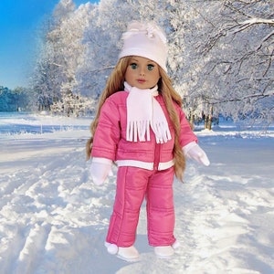 Let It Snow - Clothes Fits 18 inch Dolls - Pink Snow Pants, Jacket, White Turtleneck, Hat, Scarf, Mittens and Boots