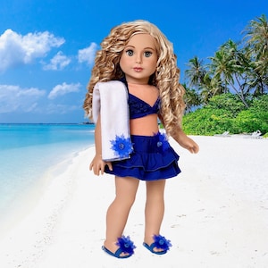 Bikini Mini - Doll Clothes for 18 inch Doll - 4 Piece Swimsuit Outfit - Skirt, Top, matching Flip Flops and Beach Towel