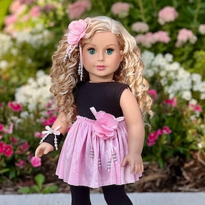 Showtime - Doll Ballet Outfit for 18 inch Doll - Black Unitard, Pink Tutu Skirt, Slippers, Corsage, Hair Piece and Wristband