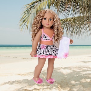 Fun with the Sun - Doll Clothes for 18 inch Doll - 4 Piece Swimsuit Outfit - Skirt, Bikini Top, matching Flip Flops and Beach Blanket