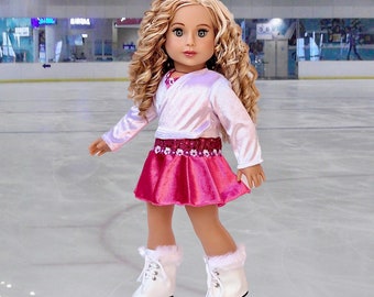 Ice Skating Girl - 18 inch Dolls Outfit - Leotard, Skirt, Sweater, Skates (Doll Not Included)