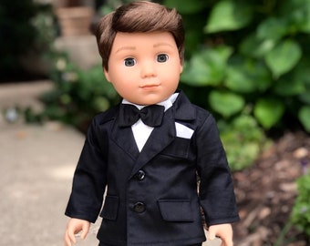 Tuxedo - 5 Piece Tuxedo Set - Clothes Fits 18 Inch Boy Doll - Black Jacket, Pants, Belt, White Shirt and Dress Shoes