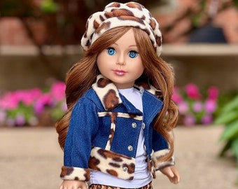 Trendy Jewel - Doll Clothes for 18 inch Doll - 5 Piece Outfit - Jeans Jacket, White Tunic, Leggings, Beret and Black Boots