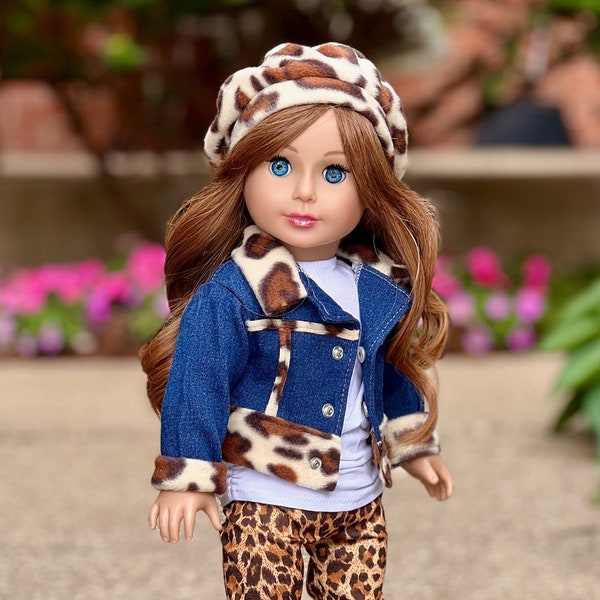 Trendy Jewel - Doll Clothes for 18 inch Doll - 5 Piece Outfit - Jeans Jacket, White Tunic, Leggings, Beret and Black Boots