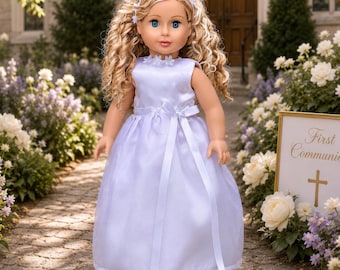 My First Communion - Doll Clothes for 18 inch Doll - White satin communion dress with matching headband and white shoes