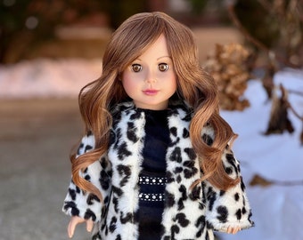 Maykona - Glamour Girl - Doll Clothes for 18 inch Doll - Snow Leopard Faux Fur Coat with Black Velvet Dress and  Boots