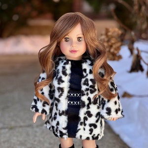 Maykona - Glamour Girl - Doll Clothes for 18 inch Doll - Snow Leopard Faux Fur Coat with Black Velvet Dress and  Boots