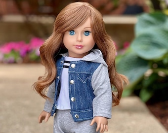 Tomboy - Clothes Fits 18 inch Doll - 4 Piece Doll Outfit- Jeans Jacket, Grey Sweatpants, T-shirt and Blue Boots