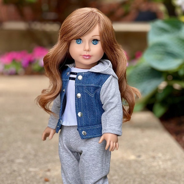 Tomboy - Clothes Fits 18 inch Doll - 4 Piece Doll Outfit- Jeans Jacket, Grey Sweatpants, T-shirt and Blue Boots