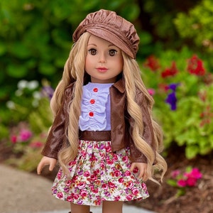 Urban Explorer Doll Clothes for 18 inch Doll Brown Motorcycle Jacket, Paperboy Hat, Dress and Boots image 1