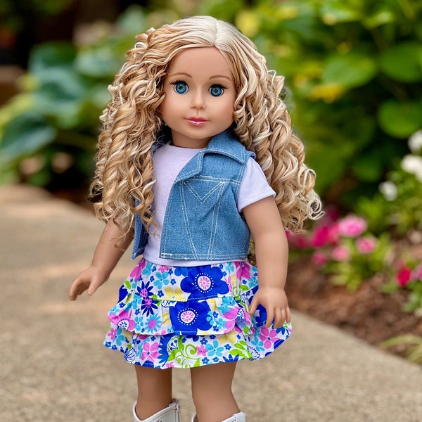 Feeling Happy - Clothes Fits 18 inch Doll - 4 Piece Outfit - Skirt with White T-Shirt, Blue Jeans Vest and White Cowgirl Boots