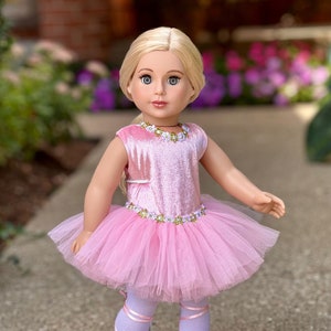 Prima Ballerina - 3 piece ballet outfit for 18 inch doll includes pink velvet leotard with pink tulle tutu skirt, white polyester  tights and pink ballet slippers.