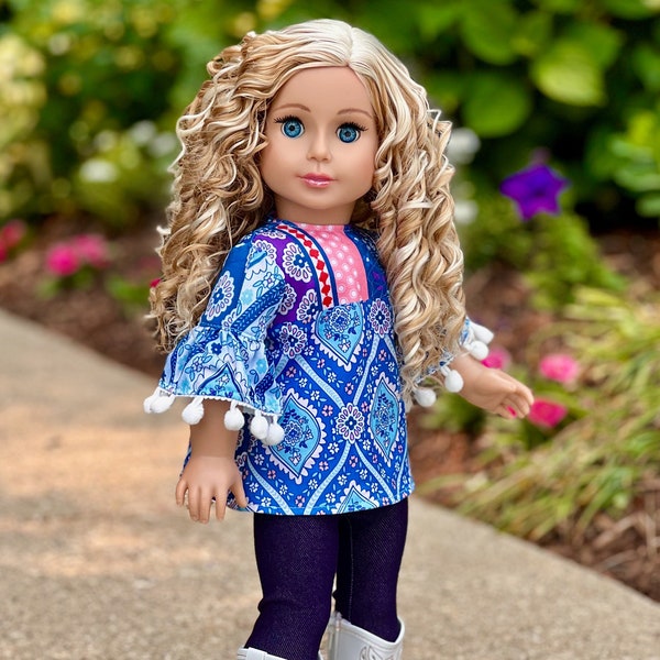 Stylish - 3 Piece Outfit - Clothes Fits 18 inch Doll - Blue Tunic, Leggings and White Cowboy Boots (Doll Not Included)