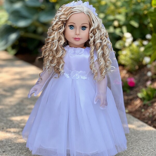 Little Angel - Doll Clothes for 18 inch Doll - White Satin First Communion Dress with Veil and Long Gloves and White Shoes