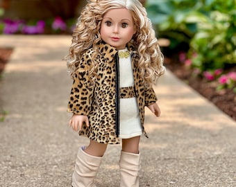 Fashion Girl - Clothes for 18 inch Doll - Cheetah Coat, Ivory Dress and Ivory Boots