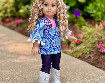 Stylish - 3 Piece Outfit - Clothes Fits 18 inch Doll - Blue Tunic, Leggings and White Cowboy Boots (Doll Not Included)