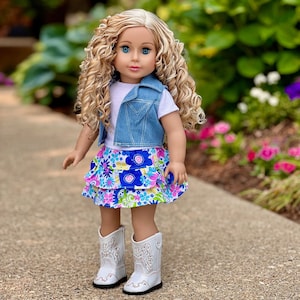 Feeling Happy - Clothes Fits 18 inch Doll - 4 Piece Outfit - Skirt, White T-Shirt, Blue Jeans Vest, White Cowgirl Boots (Doll Not Included)