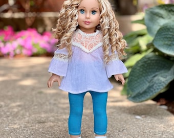 Trendy Girl - Doll Clothes for 18 Inch Dolls - 3 Piece Doll Outfit - White Cotton Blouse, Turquoise Leggings and White Shoes