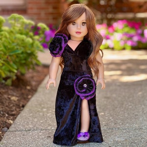 Royal Velvet -  Evening Gown for 18 inch Doll: Dress with Black & Purple Rosettes, Shoes