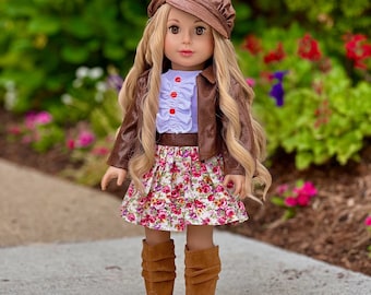 Urban Explorer - Doll Clothes for 18 inch Doll - Brown Motorcycle Jacket, Paperboy Hat, Dress and Boots
