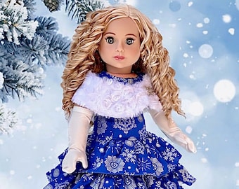 Silver Snowflake - Clothes Fits American Girl 18 inch Doll - Blue Holiday Gown with White Stole and Long Gloves
