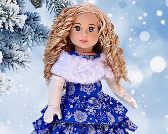 Silver Snowflake - Clothes Fits 18 inch Doll - Blue Holiday Gown with White Stole and Long Gloves