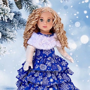 Silver Snowflake - Clothes Fits 18 inch Doll - Blue Holiday Gown with White Stole and Long Gloves