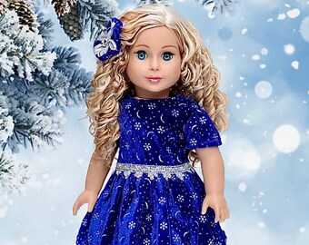Midnight Blue - Clothes Fits American Girl 18 inch Doll - Dark Blue Sparkling Holiday Dress with matching Silver Shoes