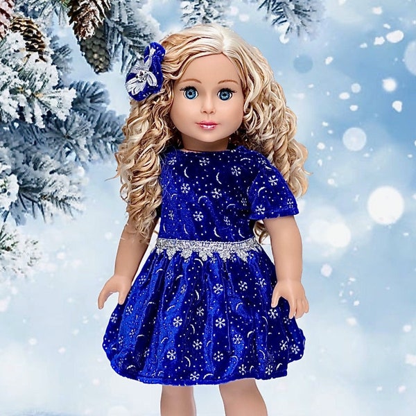 Midnight Blue - Clothes Fits 18 inch Doll - Dark Blue Sparkling Holiday Dress with matching Silver Shoes