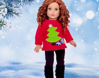 Christmas Sweater - 3 Piece 18 Inch Doll Outfit - Red Sweater, Black Pants and Boots