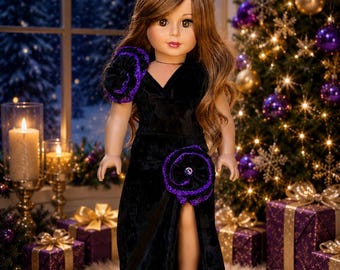 Royal Velvet -  Evening Gown for 18 inch Doll: Dress with Black & Purple Rosettes, Shoes
