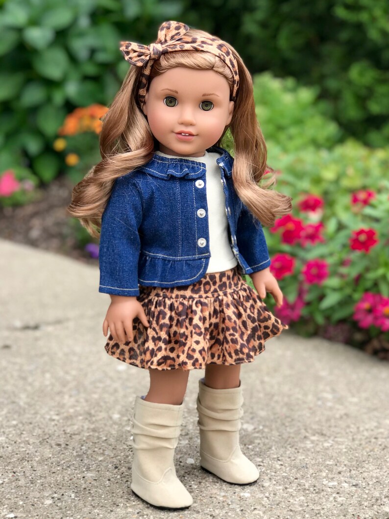 Adventure - Doll Clothes for 18 Inch Dolls - 5 Piece Outfit - Jeans jacket, Ivory Tank Top, Skirt, Scarf and Boots