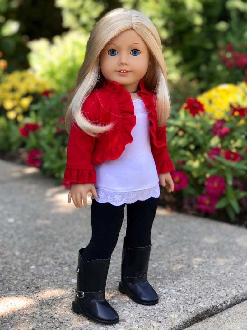 Uptown Girl - Doll Clothes for 18 inch Doll - 4 Piece Outfit - Red Ruffled Jacket, White Tank Top, Black Leggings and Boots