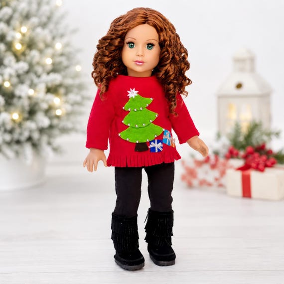 Christmas Sweater - 3 Piece 18 Inch Doll Outfit - Red Sweater, Black Pants and Boots
