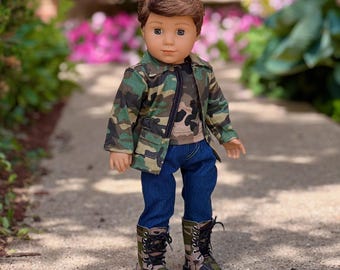Military Style Boy - 4 Piece 18 inch Doll Outfit - Camouflage Jacket, T-shirt, Jeans & Boots