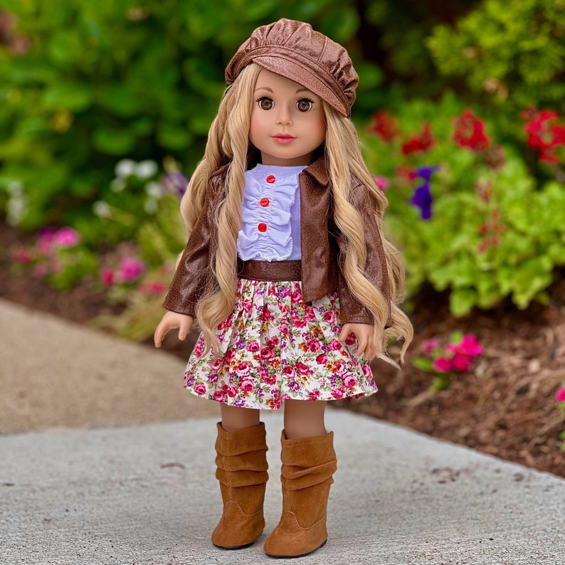 Urban Explorer Doll Clothes for 18 inch Doll Brown Motorcycle Jacket, Paperboy Hat, Dress and Boots image 1