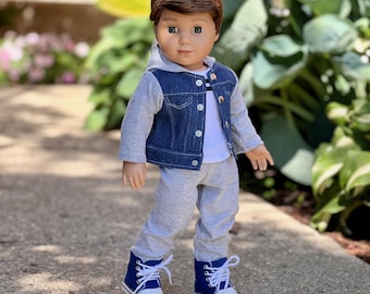 Boy Doll - 4 Piece 18 Inch Doll Outfit – Jeans Jacket, Sweatpants, T-Shirt and Boots