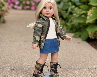 Camo Style - 4 Piece 18 inch Doll Outfit - Camouflage Jacket, Top, Skirt and Boots