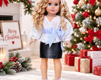 Rebel Glam – 18 Inch Doll Clothes – Faux Leather Skirt & Lace Blouse Outfit
