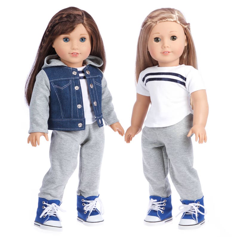 Tomboy - Doll Clothes for 18 Inch  Dolls - 4 Piece Doll Outfit- Jeans Jacket, Grey Sweatpants, T-shirt and Blue Boots