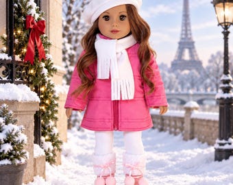 May include: A doll with long brown hair wearing a white beret, a white scarf, a bright pink winter coat, white leggings, and pink boots with white faux fur trim and pom-poms. The doll stands in a snowy outdoor setting with a city backdrop.