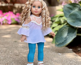 Trendy Girl - Clothes for 18 Inch Dolls - 3 Piece Doll Outfit - White Cotton Blouse, Turquoise Leggings and Shoes
