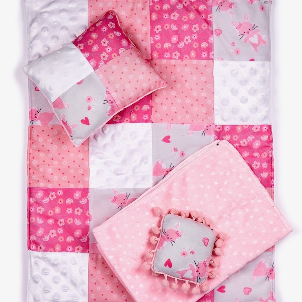 Quilt - 18 Inch Doll Bedding Set - Quilt, Two Pillows and Blanket