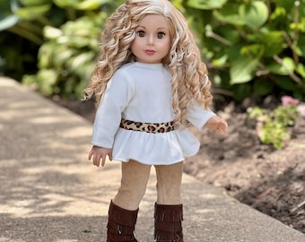 18 Inch Doll Outfit – White Peplum Top, Beige Leggings, Fringe Boots