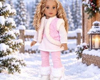 May include: A doll with long curly blonde hair and brown eyes wearing a white long-sleeved top, a pink quilted vest with white faux fur trim, pink leggings, and white boots with white faux fur cuffs and small white pom-pom accents.