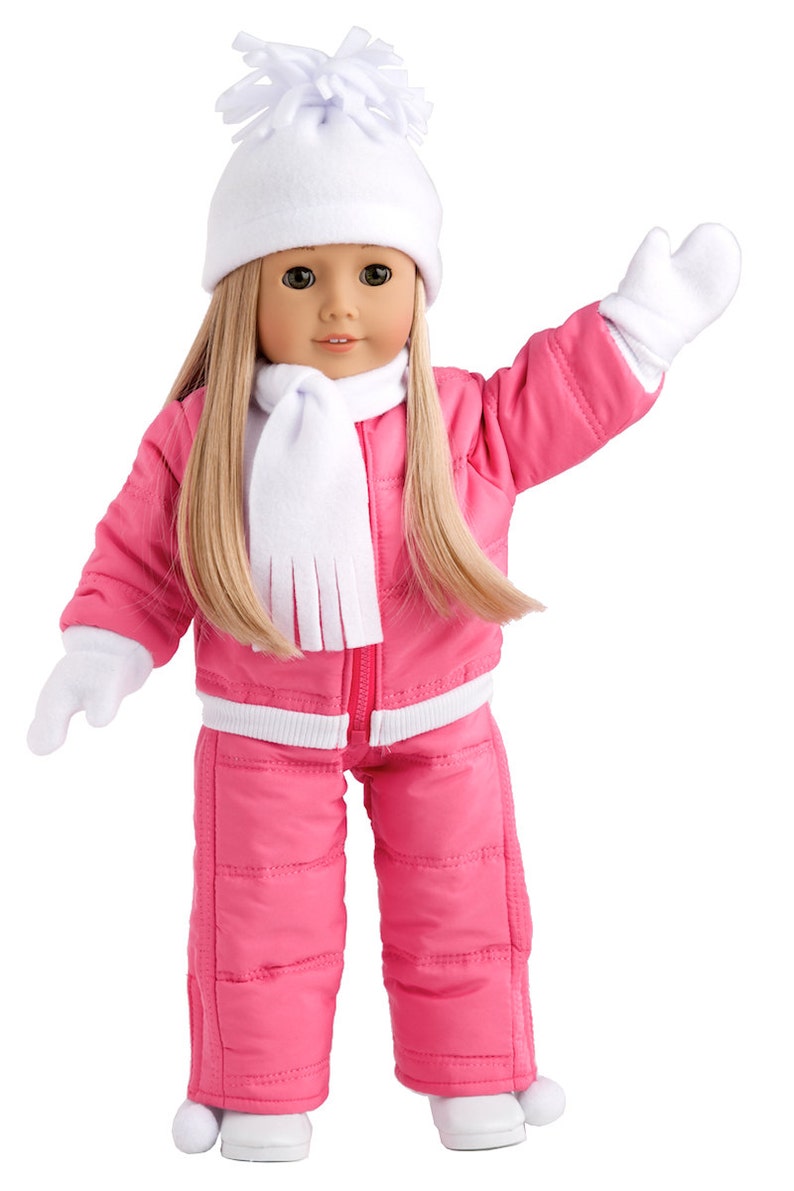 Let It Snow - Clothes for 18 inch Doll - Pink Snow Pants and Jacket, White Turtle Neck, Hat, Scarf, Mittens and Boots