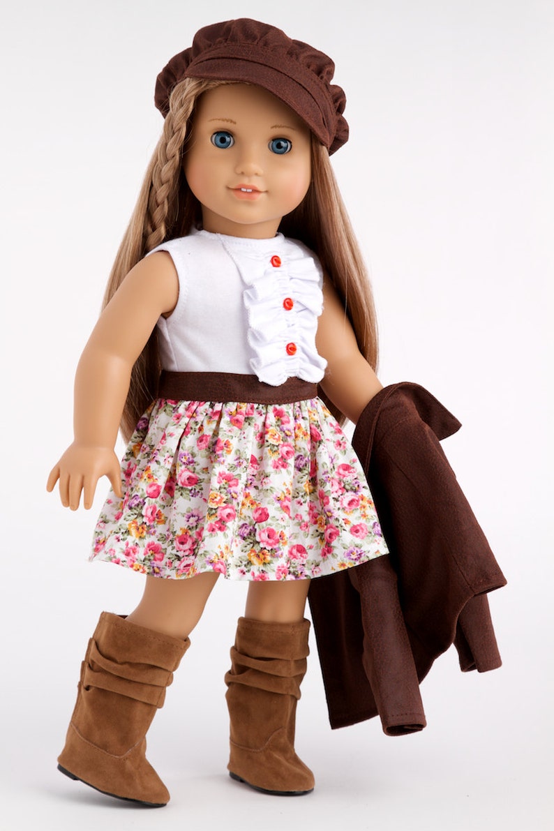 Urban Explorer Doll Clothes for 18 inch Doll Brown Motorcycle Jacket, Paperboy Hat, Dress and Boots image 8