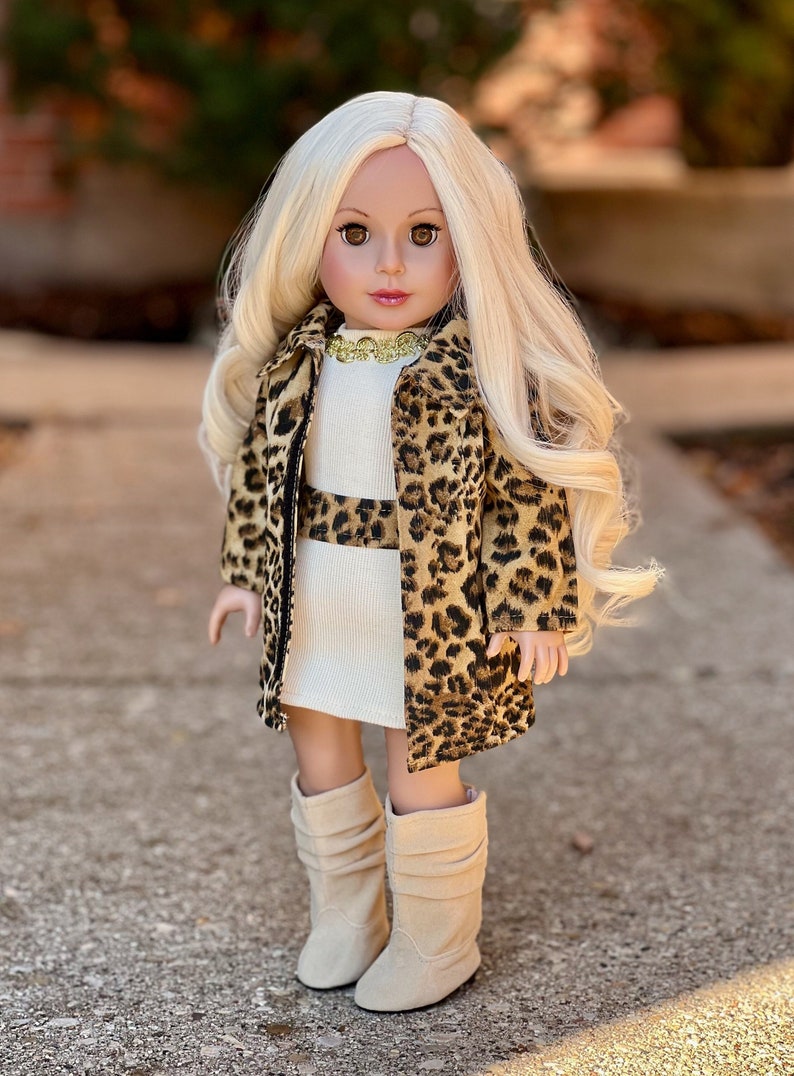 Fashion Girl - Clothes for 18 inch Doll - Cheetah Coat, Ivory Dress and Ivory Boots