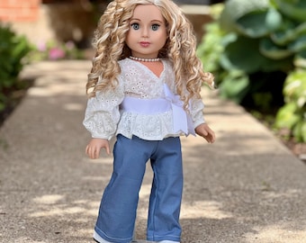 Elegant Lace Blouse and Blue Jeans with Shoes - Outfit for 18” Dolls