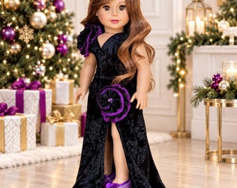 Royal Velvet -  Evening Gown for 18 inch Doll: Dress with Black & Purple Rosettes, Shoes